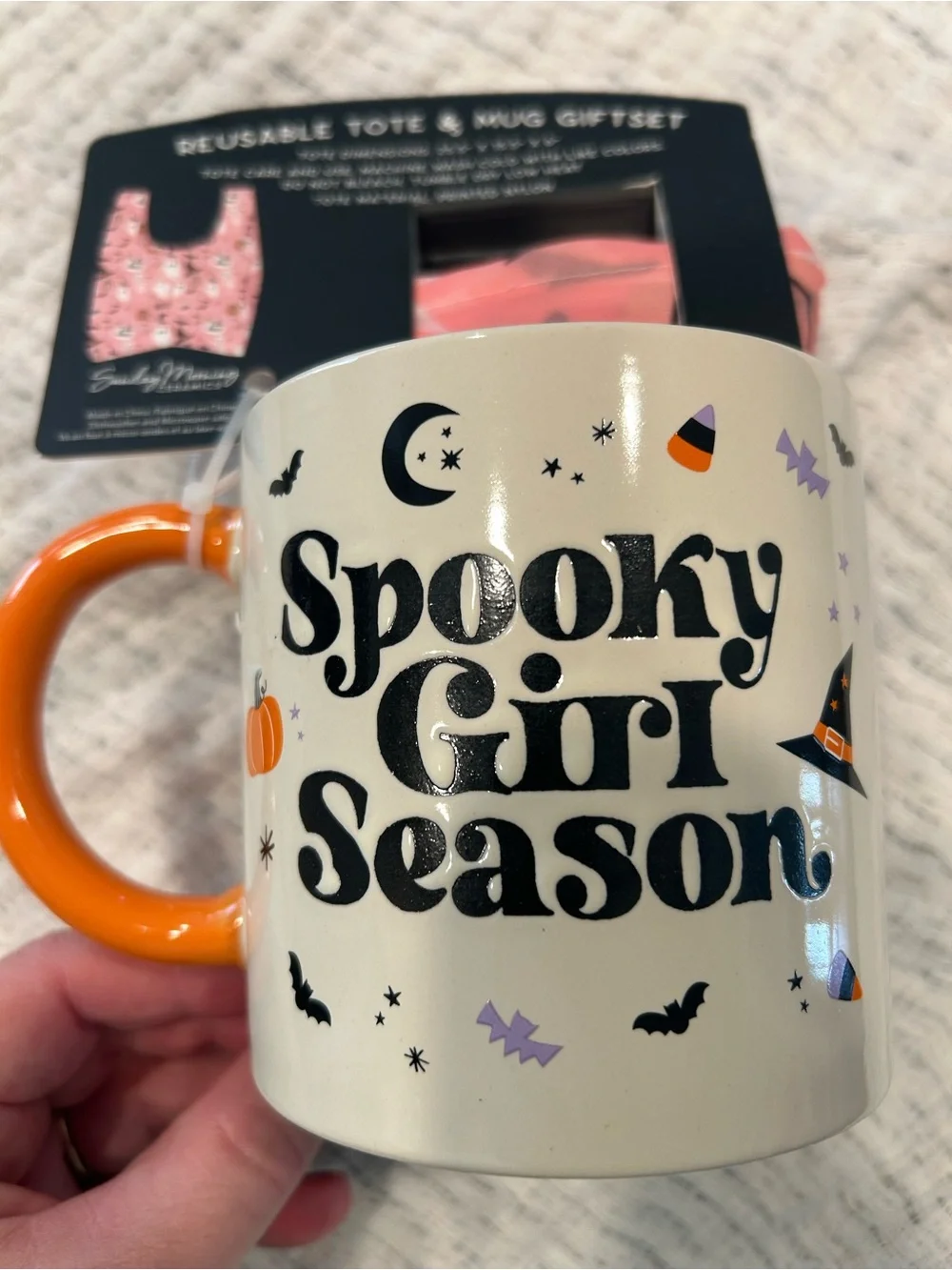 Brand New Spooky Girl Season Reusable Tote & Mug Gift Set - Orange & Cream